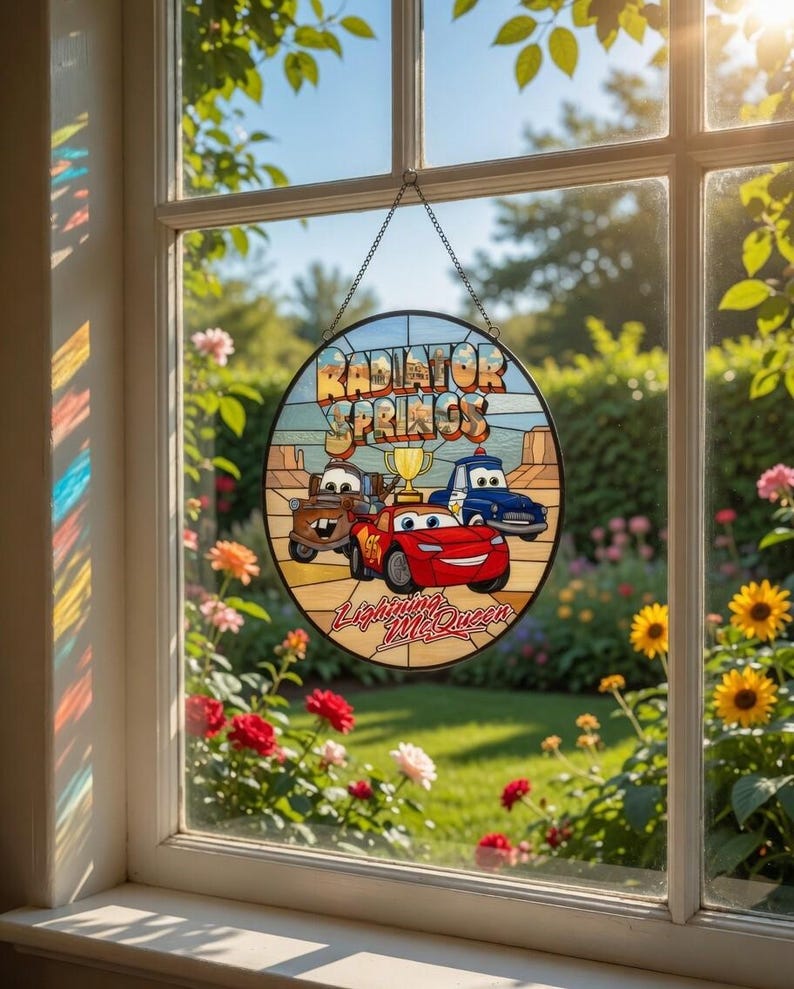 Atrapasueños de Rayo McQueen de Radiator Springs, decoración para ventana de Rayo McQueen y Tow Mater de Disneyland, decoración de DisneyCar, adorno para ventana de DisneyCar imagen 2