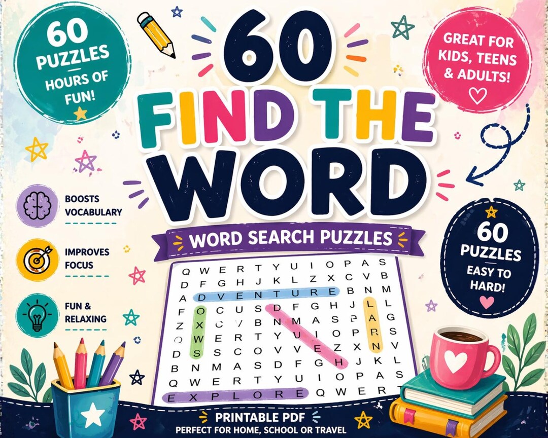 60 Word Search Puzzles for Kids and Adults, Educational Brain Games - Etsy