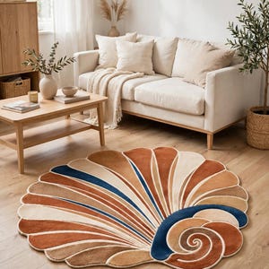 Hand Tufted Seashell Wool Rug | Art Deco Spiral Design, Coastal Area Rug