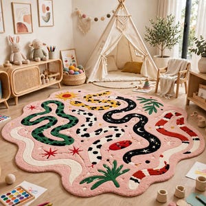 Può includere: Un grande tappeto di forma irregolare color rosa chiaro con un motivo colorato di serpenti sinuosi in verde, nero, bianco e rosso, accentuato da piccoli motivi a forma di sole, stelle e foglie, posizionato al centro su un pavimento in legno.