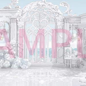 May include: A digital illustration of a grand architectural interior featuring ornate white columns, arched windows, and a central doorway. The scene includes floral arrangements, a small easel, and a table with a cake, all overlaid with the word SAMPLE.