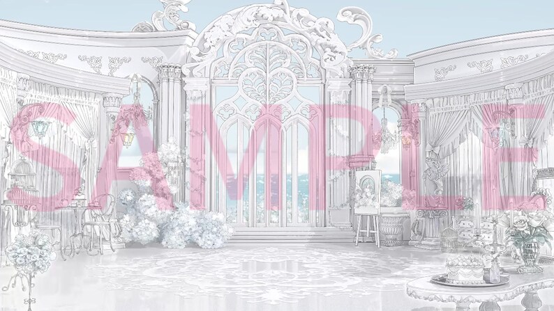May include: A digital illustration of a grand architectural interior featuring ornate white columns, arched windows, and a central doorway. The scene includes floral arrangements, a small easel, and a table with a cake, all overlaid with the word SAMPLE.