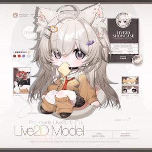Puede incluir: Una ilustración digital de un personaje chibi con cabello largo gris claro, orejas de animal y un suéter beige, sosteniendo una tostada. La imagen incluye etiquetas de texto como 'LIVE2D SHOWCASE', 'MAPLE COCOA' y 'Live2D Model' con varios recuadros de detalles.