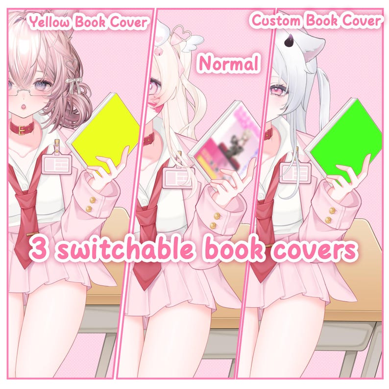 Puede incluir: Una ilustraci&oacute;n de personaje estilo anime que presenta tres portadas de libro intercambiables. Las opciones incluyen una portada amarilla, una portada normal con un gr&aacute;fico y una portada verde personalizada para el personaje.