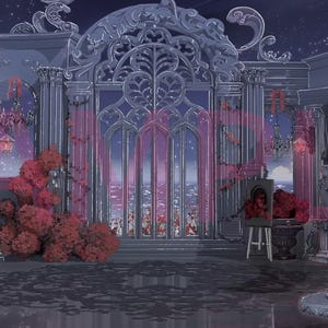 May include: A digital illustration of a gothic-style room featuring a large arched window, ornate pillars, and dark purple curtains. The scene includes clusters of deep red roses, a small table with a cake, and a starry night sky visible outside.