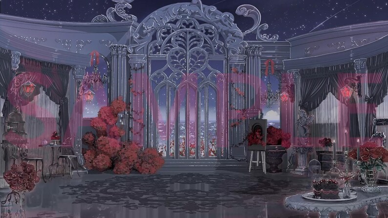 May include: A digital illustration of a gothic-style room featuring a large arched window, ornate pillars, and dark purple curtains. The scene includes clusters of deep red roses, a small table with a cake, and a starry night sky visible outside.