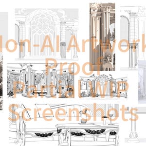 May include: A collage of architectural and interior design sketches featuring columns, ornate archways, furniture, and floral arrangements. The text 'Non-AI Artwork Proof Partial WIP Screenshots' is overlaid across the center and bottom right.