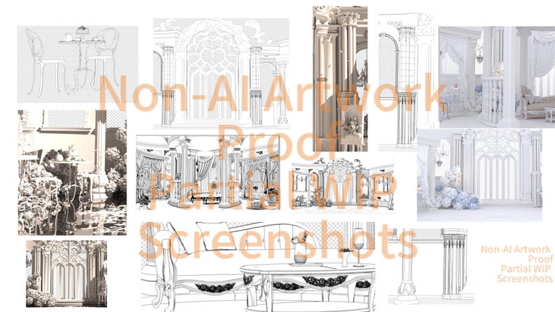 May include: A collage of architectural and interior design sketches featuring columns, ornate archways, furniture, and floral arrangements. The text 'Non-AI Artwork Proof Partial WIP Screenshots' is overlaid across the center and bottom right.