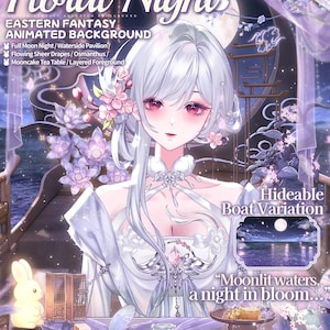 May include: An animated digital illustration titled Moon Rabbit Floral Night featuring a character with silver hair and pink eyes, surrounded by purple floral elements, a glowing yellow rabbit, a tea table, and text describing an Eastern fantasy scene.
