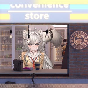 Fondo de VTuber en una tienda de conveniencia / Escena de cita de anime sentada / Sala de transmisión con asiento junto a la ventana estática / Archivo PNG de niebla de nieve