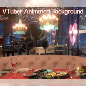 May include: An animated digital background featuring a dining table with a tufted beige sofa, wine glasses, a plate of food, and a candle. In the background, a grand piano and chandeliers are visible with the text VTuber Animated Background.