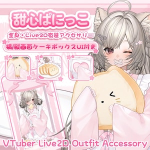 May include: A digital illustration of a character with cat ears and grey hair wearing a pink outfit, holding a slice of bread with a face. The image includes Japanese text, smaller panels showing bread and UI elements, and the text VTuber Live2D Outfit Accessory.