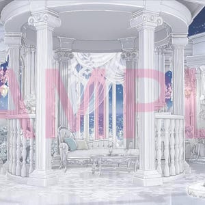 May include: A digital illustration of a white neoclassical rotunda with tall columns, a central sofa, and ornate furniture. The scene features draped curtains, floral arrangements, and a night sky backdrop with stars. The word SAMPLE is overlaid in pink.