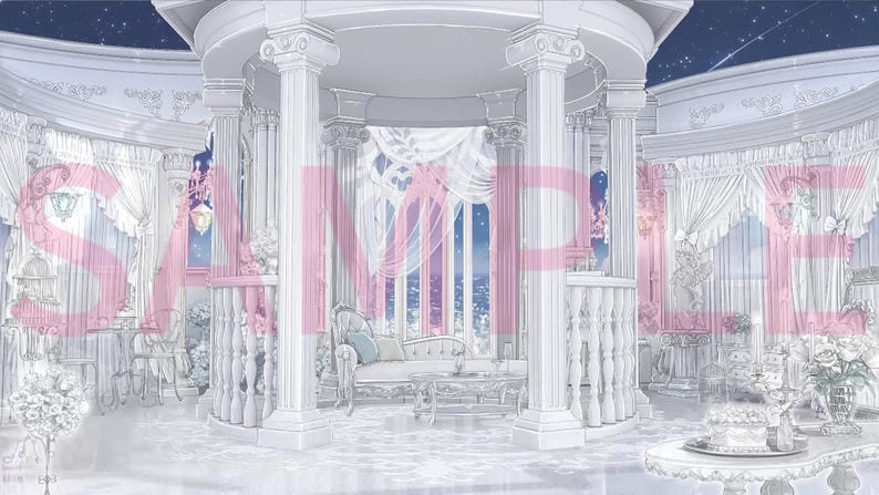May include: A digital illustration of a white neoclassical rotunda with tall columns, a central sofa, and ornate furniture. The scene features draped curtains, floral arrangements, and a night sky backdrop with stars. The word SAMPLE is overlaid in pink.
