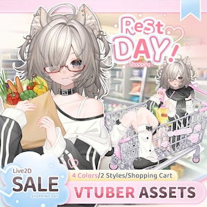 Peut inclure: Une illustration numérique d'un personnage de style anime aux cheveux gris et oreilles de chat, portant des lunettes et une tenue noire et blanche. Le personnage tient un sac d'épicerie en papier et est assis dans un caddie. Texte : Rest DAY! Shopping! et Live2D SALE VTUBER ASSETS.