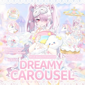 Puede incluir: Una ilustración digital de un personaje de pelo rosa con orejas de gato que lleva un conjunto blanco y sostiene una nube arcoíris. El texto incluye "Full-Body VTS Outfit", "DREAMY CAROUSEL" y "includes free little wings/magic wand/coins/rainbow cloud/3 hand poses".