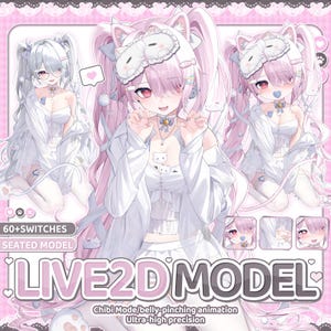 Pode incluir: Um modelo digital Live2D apresentando uma personagem com longos cabelos cor-de-rosa, orelhas de gato e um traje branco. A personagem é exibida em várias poses, incluindo com uma máscara de dormir. O texto inclui 60+SWITCHES, SEATED MODEL e LIVE2D MODEL.