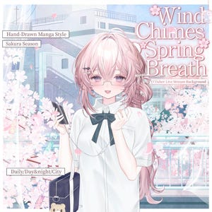 Sakura VTuber-bakgrund | Vindspel i vår-anime-scen | Dag-natt-stad-stream-tillgång | Handritad manga-stil