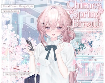 May include: A digital illustration of a character with light pink hair, glasses, and a white shirt with a dark bow tie. The text reads Wind Chimes Spring Breath, Hand-Drawn Manga Style, Sakura Season, VTuber Live Stream Background, and Daily/Day&night/City.
