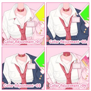 Puede incluir: Cuatro ilustraciones digitales que muestran un torso con camisa blanca de cuello, corbata roja, gargantilla rosa con hebilla dorada y placa de identificaci&oacute;n. Cada panel presenta diferentes colores de blazer y los textos: Collar Adjustment-01, 02, 03 y 04.