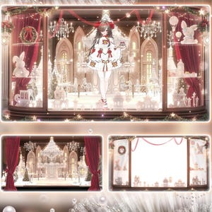 May include: A digital illustration featuring a central character in a white dress with red bows, standing in a festive shop window display. The scene includes miniature white buildings, chandeliers, red curtains, and rabbit figurines.