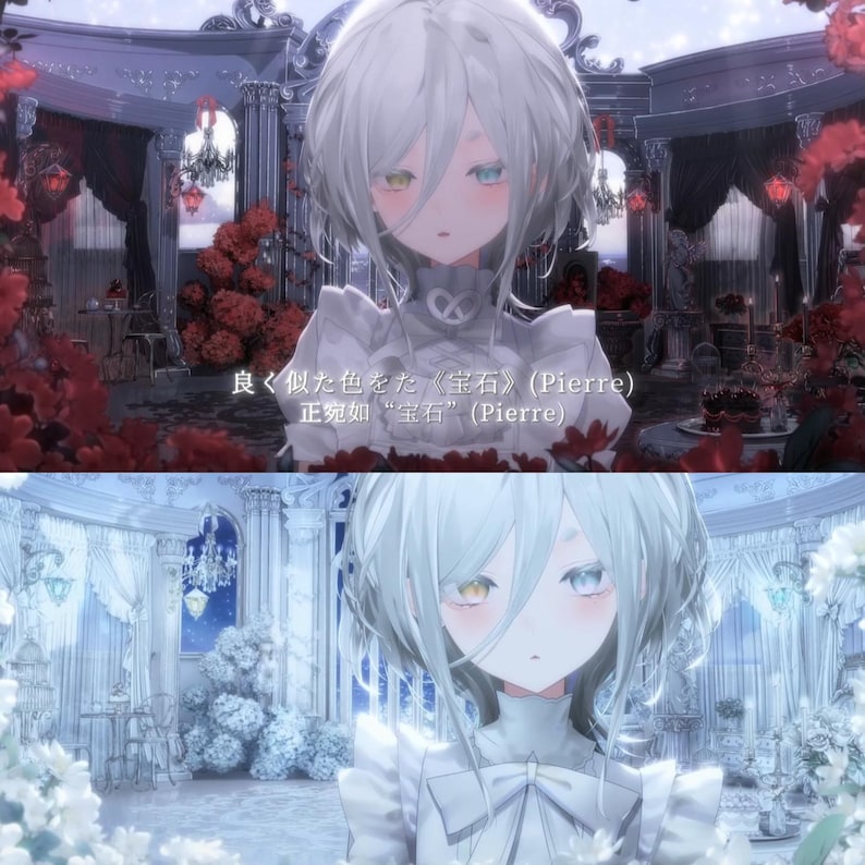 May include: An anime-style character with short white hair and heterochromia, featuring one yellow and one blue eye. The character wears a white ruffled collar garment. Text in the image reads: 良く似た色をた〈宝石〉(Pierre) 正宛如&ldquo;宝石&rdquo;(Pierre).