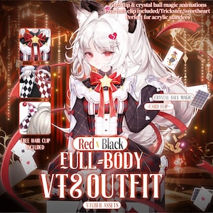 May include: A digital illustration of a character wearing a red and black full-body VTuber outfit with a ruffled collar, a star-shaped brooch, and a checkered pattern. The image includes text overlays: Card flip & crystal ball magic animations, Free hair clip included/Trickster Sweetheart, Perfect for acrylic standees, Red x Black FULL-BODY VTUBER OUTFIT, and VTUBER ASSETS.