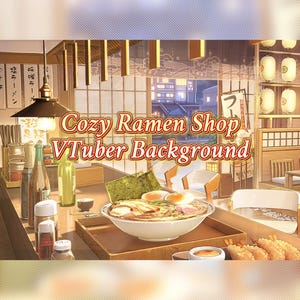 以下が含まれることがあります： ラーメン店の内装を描いたデジタルイラスト。卵と海苔がのったラーメンの丼、調味料のボトル、吊り下げられた提灯が描かれています。中央には赤と白の文字で「Cozy Ramen Shop VTuber Background」と書かれています。