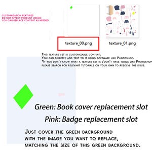 Puede incluir: Un archivo de conjunto de texturas etiquetado como texture_00.png y texture_01.png que presenta una forma de diamante verde para el reemplazo de portadas de libros y varios elementos rosas para el reemplazo de insignias, con texto instructivo.
