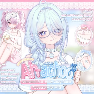 Può includere: Un outfit animato a corpo intero per VTS che mostra un personaggio con capelli azzurri, occhiali e un collare con impronta di zampa. L'immagine include il testo "Animated Full-Body Cozy Outfit", "Kitten's Sick Day" e "Ah-achoo" con varie opzioni.