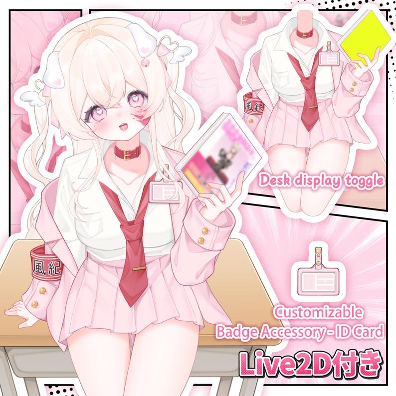 Puede incluir: Un personaje de estilo anime con cabello rosa p&aacute;lido, vistiendo una camisa blanca, chaqueta rosa y falda plisada. El personaje tiene una corbata roja, un collar y un brazalete con texto japon&eacute;s. Incluye una pantalla de escritorio y una tarjeta.