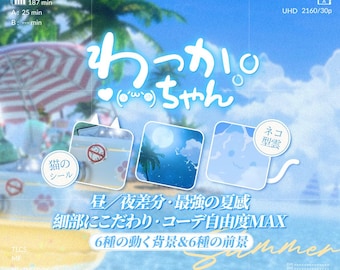 May include: A digital graphic featuring the text "わっかちゃん" and "Summer" with three square panels showing a cat sticker, a night sky with a moon, and a cat-shaped cloud. The image includes Japanese text, camera interface icons, and a blue beach background.