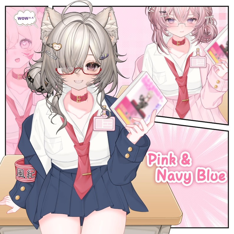 Puede incluir: Un personaje estilo anime con cabello gris, orejas de gato y gafas de montura roja, vistiendo camisa blanca, corbata roja y blazer azul marino con falda plisada. El personaje lleva un brazalete rojo con texto japon&eacute;s. El texto dice Pink & Navy Blue.