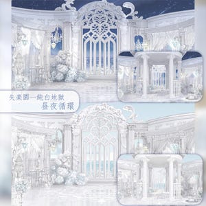 May include: A digital illustration featuring a white architectural setting with ornate arched doorways, classical columns, and draped curtains. The scene includes clusters of white flowers and hanging lanterns, with text reading 失樂園--純白地獄 晝夜循環.