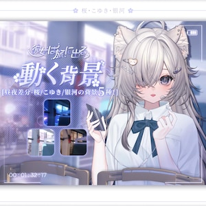 May include: An anime-style illustration of a character with long silver hair and animal ears, wearing a white collared shirt with a dark blue bow tie. The character holds a smartphone with wired earphones. Text includes 彼女は旅に出る, 動く背景, and 昼夜差分-桜/こゆき/银河の背景5種.