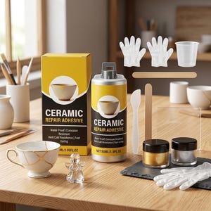 May include: A ceramic repair adhesive kit including a yellow and black box, a 1.9 fl. oz. bottle, two small jars of gold and silver pigment, a white teacup with gold cracks, a clear glass angel, two pairs of gloves, a mixing cup, and wooden sticks.