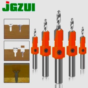 May include: A set of five step drill bits with orange heads and silver shafts. The bits are arranged in a row, with a close-up diagram of a screw and wood cutout in the background. The brand name "JGZUI" is in green letters in the top left corner.