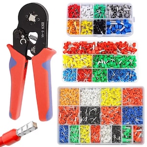 May include: Crimping tool with red and blue handles, and a black head. The tool is next to three clear plastic containers filled with various coloured wire connectors. A red wire with a crimped end is also visible.
