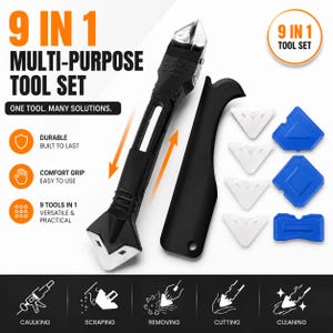 Peut inclure: Un ensemble d'outils multifonctions 9 en 1 comprenant un manche noir, un grattoir noir et diverses têtes en silicone interchangeables blanches et bleues. Le texte 9 IN 1 MULTI-PURPOSE TOOL SET est visible avec des icônes pour les tâches.