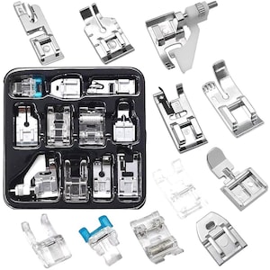 May include: A collection of various sewing machine presser feet, including metal and clear plastic types. The feet are arranged in a black plastic organizer, with several loose feet scattered around. The presser feet are designed for different sewing techniques.