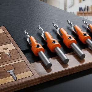 Könnte beinhalten: Fünf Metallbohrer mit orangefarbenen Manschetten in einer Reihe. Links zeigt ein Diagramm auf einer Holzoberfläche den Bohrprozess mit einem 90-Grad-Winkel und einer 25/64-Zoll-Maßangabe neben den Abbildungen der Schraubenlöcher.