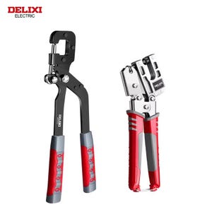May include: Two DELIXI ELECTRIC tools. One is a black and silver crimping tool with red and gray handles. The other is a silver and red crimping tool with gray handles. Both tools are on a white background.