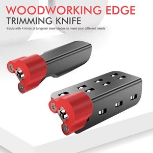 May include: A woodworking edge trimming knife with a black handle and a red head featuring tungsten steel blades. The text reads: WOODWORKING EDGE TRIMMING KNIFE. Equip with 4 kinds of tungsten steel blades to meet your different needs.