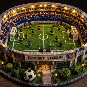 Op de afbeelding: Een gehaakt model van een voetbalstadion, compleet met een veld, miniatuurspelers en toeschouwers. Het stadion is verlicht met kleine lampjes en heeft de tekst "CROCHET STADIUM". Een gehaakte voetbal staat op de voorgrond.