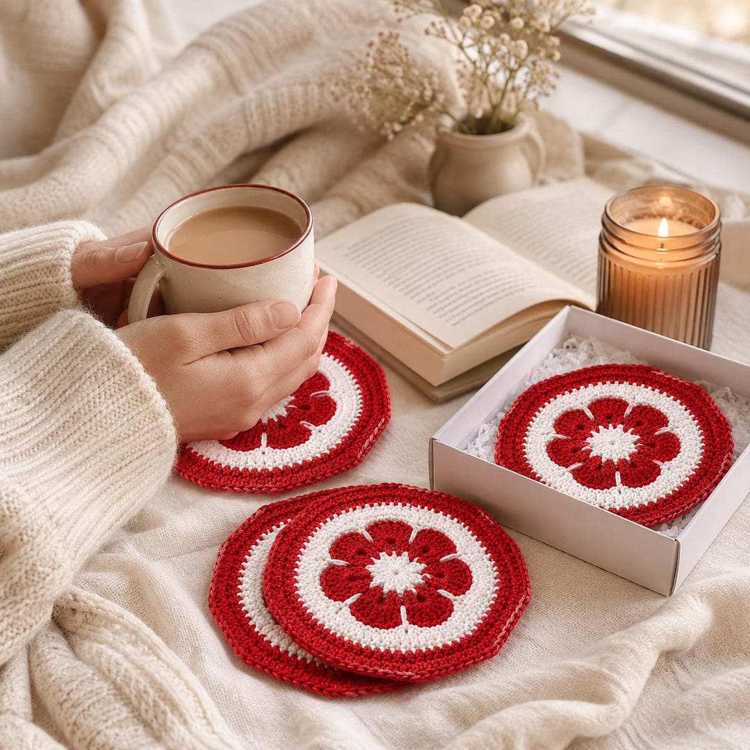 Octagon Flower Crochet Coaster Pattern, Red White Mug Rug (PDF Pattern ...