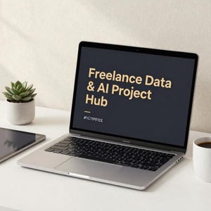Könnte beinhalten: Ein silberner Laptop mit dem Text Freelance Data & AI Project Hub und #1C11PFICE in goldener Schrift auf einem dunkelgrauen Bildschirm. Der Laptop steht neben einer kleinen grünen Sukkulente in einem grauen Topf und einer weißen Keramiktasse.