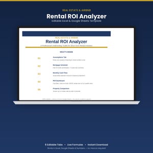 Puede incluir: Una plantilla digital Rental ROI Analyzer para Excel y Google Sheets mostrada en una pantalla de portátil. El documento incluye secciones para un Assumptions Tab, Mortgage Schedule, Monthly Cash Flow, ROI Dashboard y Property Comparison.