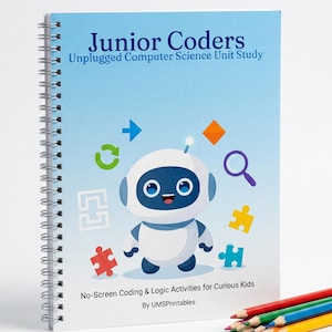 May include: A spiral-bound workbook titled Junior Coders Unplugged Computer Science Unit Study. The light blue cover features a cartoon robot surrounded by colourful icons including arrows, a magnifying glass, and puzzle pieces, with coloured pencils.