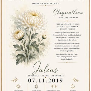 May include: A framed wall art print titled NOVEMBER featuring a watercolour illustration of a chrysanthemum flower. The text includes the name Julius, birth date 07.11.2019, and astrological details including Scorpio, Topaz, Pluto, and Water element.