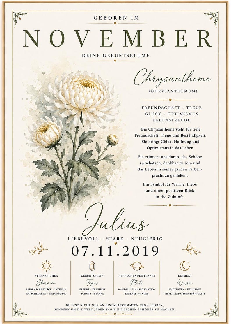 May include: A framed wall art print titled NOVEMBER featuring a watercolour illustration of a chrysanthemum flower. The text includes the name Julius, birth date 07.11.2019, and astrological details including Scorpio, Topaz, Pluto, and Water element.